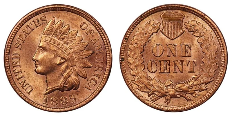 1889 Indian Head penny obverse and reverse showing Lady Liberty portrait and ONE CENT wreath reverse