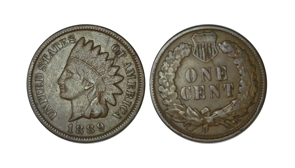 Comparison of common 1889 Indian Head penny reverse (left) versus DDR-001 doubled die reverse (right) showing doubling on ONE CENT lettering and wreath