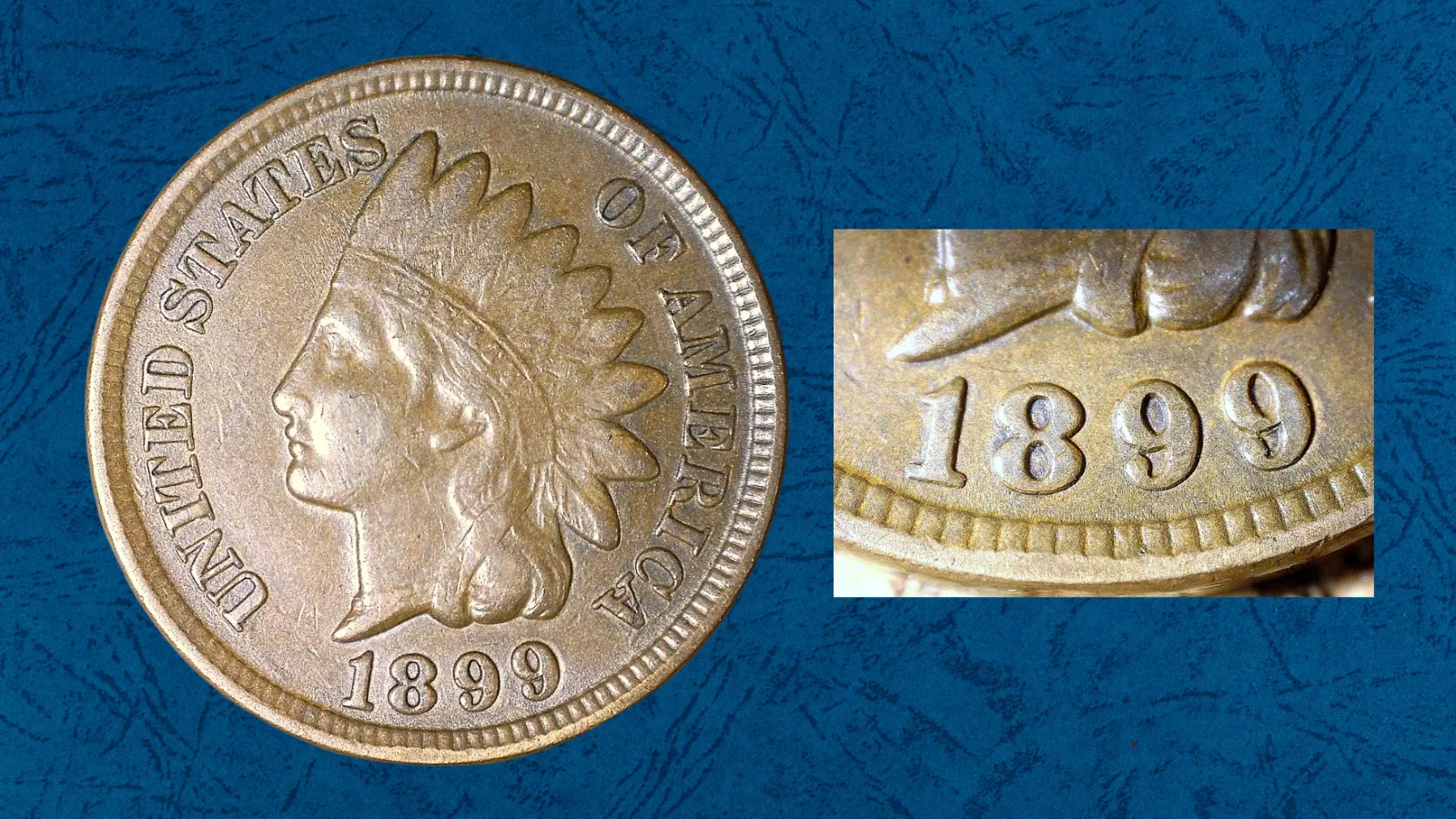 1889 Indian Head penny repunched date close-up showing secondary digit impressions below the primary 1889 date