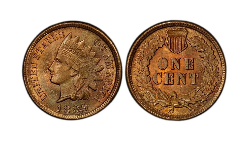 1889 Indian Head penny grading strip showing four coins from worn Good condition through Fine, Extremely Fine, and Mint State grades